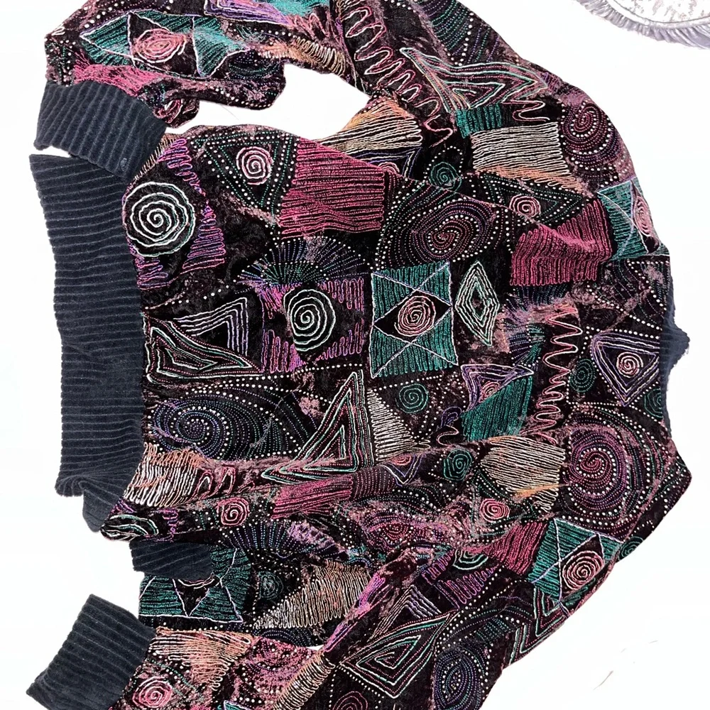 RARE 80s bomber jacket!!! Geometric shapes + velvet fabric - Picture 2 of 5